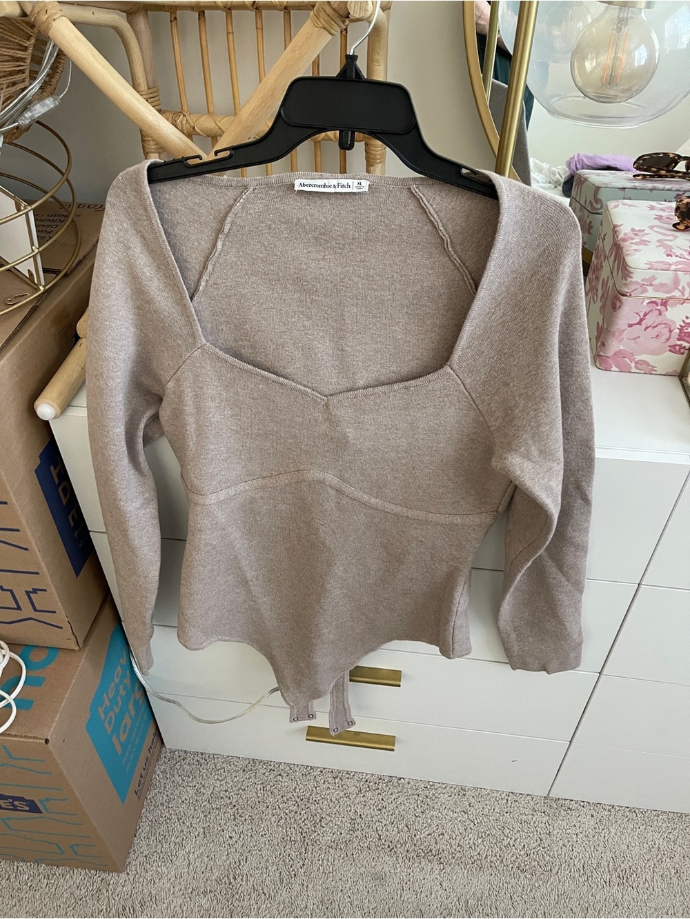 Abercrombie & Fitch Taupe V‑Neck Square‑Neck Knit Top Bodysuit